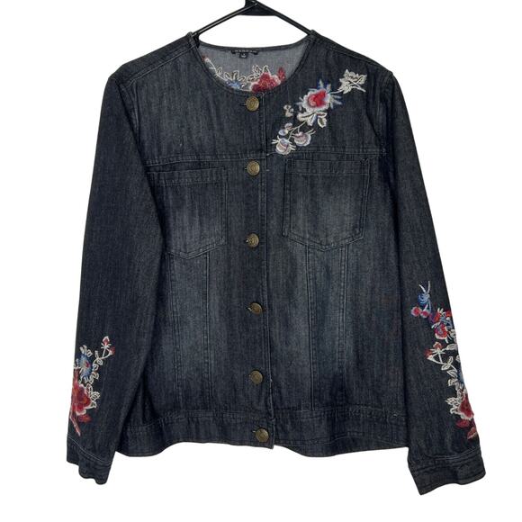 Hannah Denim Jacket Women's Size L Floral Embroidered Button Front Boho Style - Picture 1 of 12